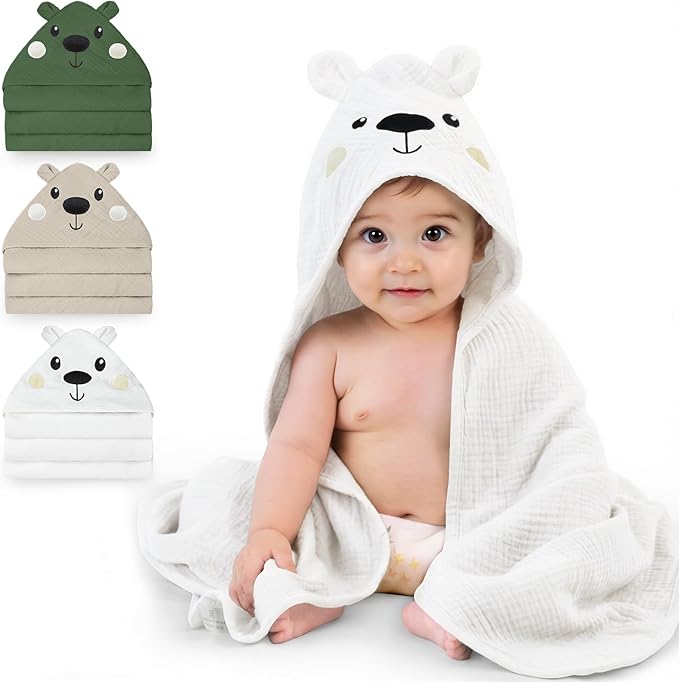 FIOBEE Hooded Baby Towels 100% Muslin Baby Bath Towels for Newborn with Animal Design Ultra-Soft and Absorbent Bath Essentials for Toddler, Unisex Girls Boys 30 x 30 inch, White Bear