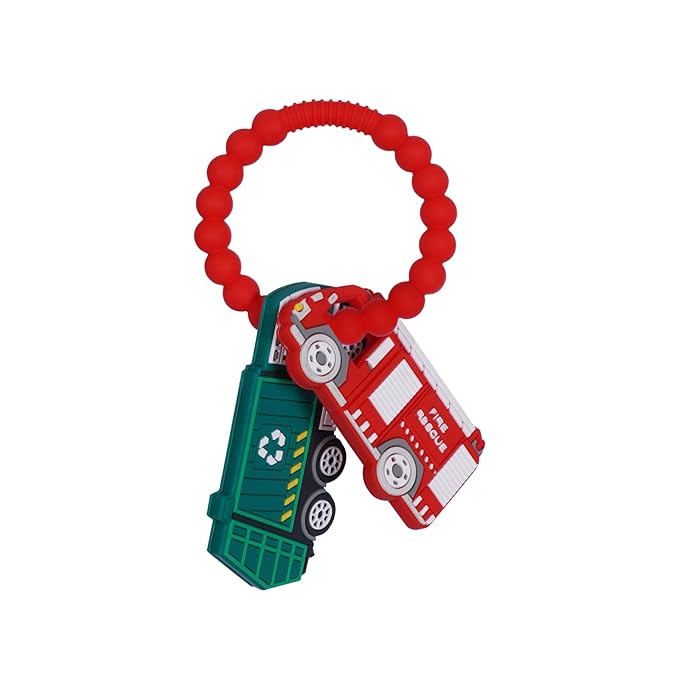 Silicone Baby Ring Toy with Fire Truck,Garbage Truck Teethers,Must Haves Teething Relief Chew Toys for 0-6,6-12 Months Boys and Girls,Newborns Essentials,Safe and Soft,BPA Free.
