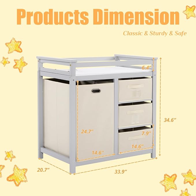 Karl home Modern Baby Changing Table,Dresser Baby Diaper Changing Station with Laundry Hamper,Infant Nursing Table with 3 Storage Drawers,Removable Safety Rail & Strap for Bedroom,Nursery,LightGrey