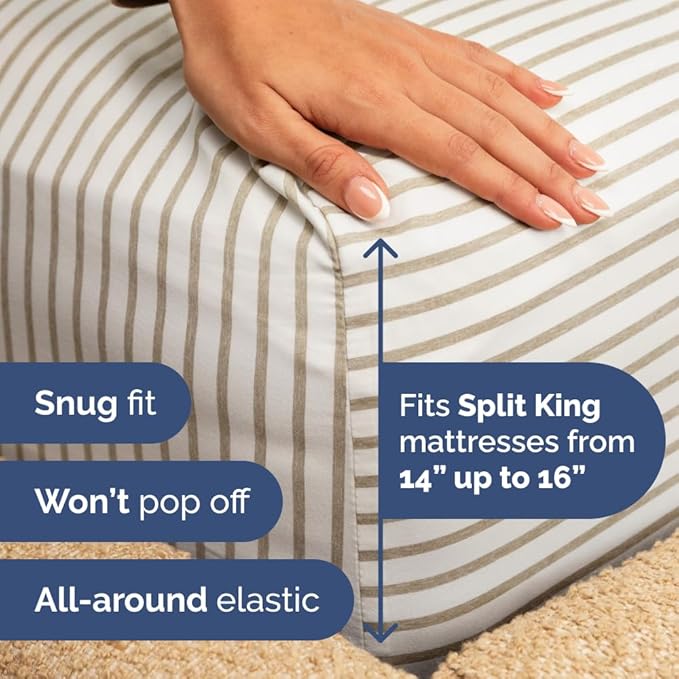 Flex Top Split Head King 4 Piece Sheet Set - Comfy Breathable & Cooling Bed Sheets Set - Hotel Luxury Bedding for Women, Men, Kids, Teens, Boys & Girls - Deep Pockets, Soft - Oeko-Tex - Beige Stripes