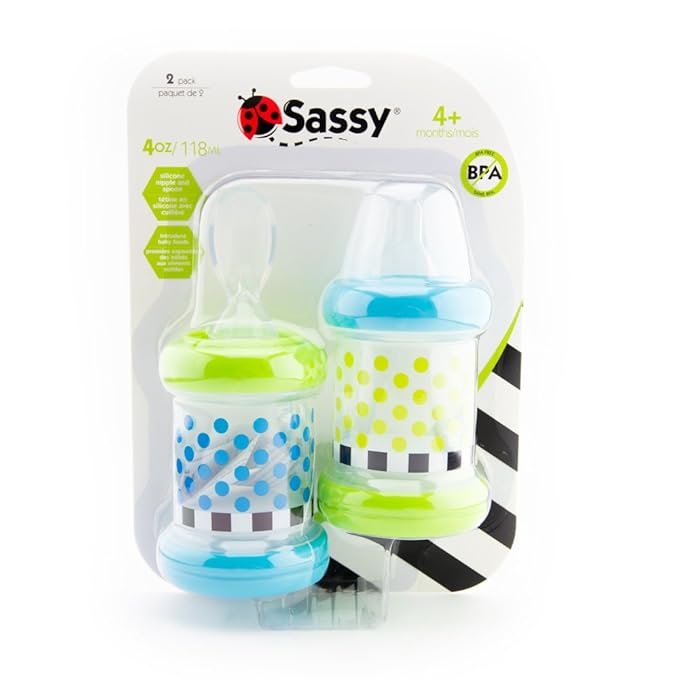 Sassy Baby Food Nurser – 4+ Months - 4oz 100% Silicone Nipple and Spoon BPA-Free, Set of 2 (Pack of 6)