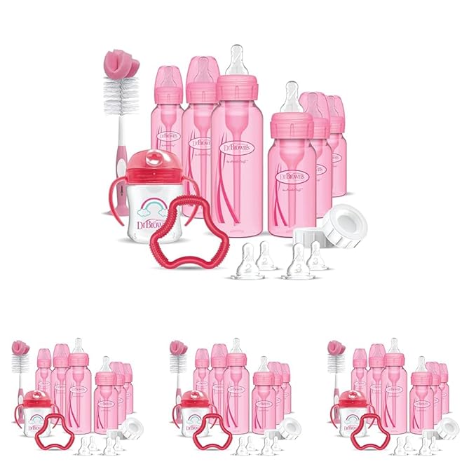Dr. Brown's Natural Flow Anti-Colic Options+ Special Edition Pink Baby Bottle Gift Set with Soft Sippy Spout Transition Cup, Flexees Teether, Bottle Cleaning Brush and Travel Caps (Pack of 4)