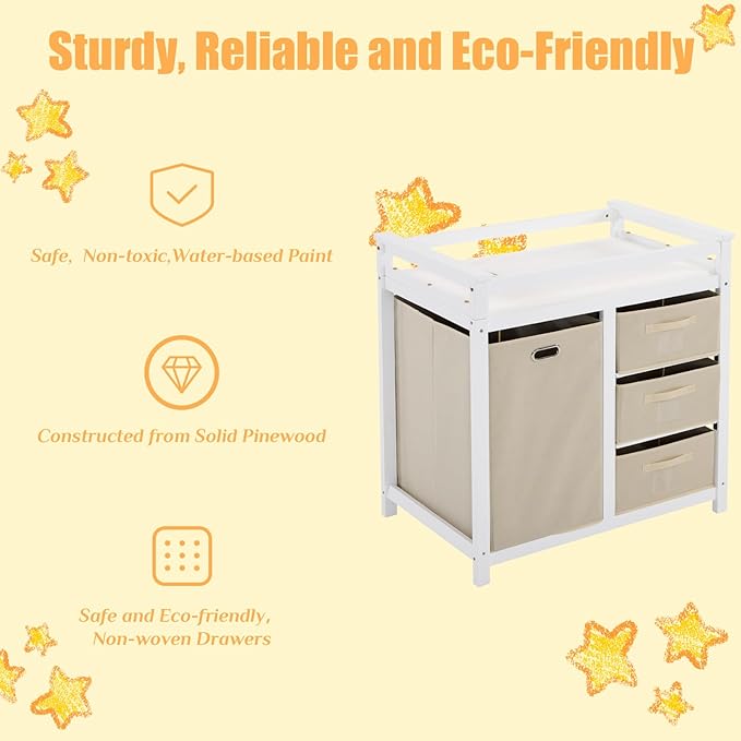 Karl home Modern Baby Changing Table,Dresser Baby Diaper Changing Station with Laundry Hamper,Infant Nursing Table with 3 Storage Drawers,Removable Safety Rail & Strap for Bedroom,Nursery,White