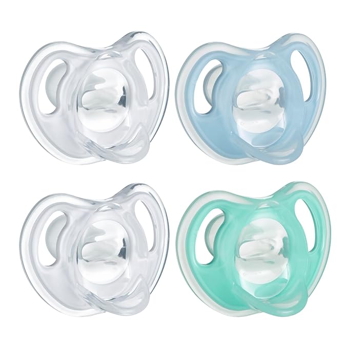 Tommee Tippee Ultra-Light Silicone Pacifier, Symmetrical One-Piece Design, BPA-Free Silicone Binkies, Clear/Blue/Green, 0-6 Month (Pack of 48)