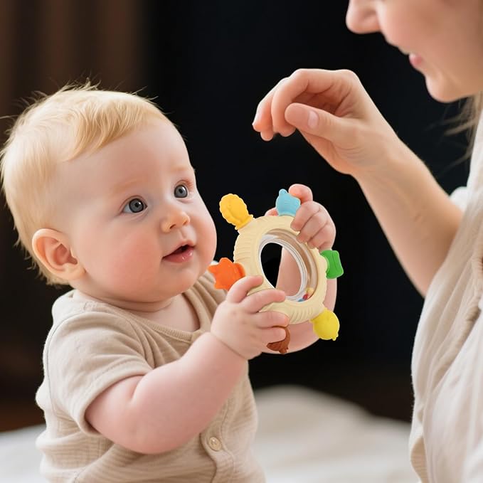 Baby Teething Rings Toys for 0-6 6-12 Months Animal Rattle Teether Sensory Toys for Babies 0-24Months Silicone Teether Relief Chew Soothing Sore Gums for Newborn Infant Essentials BPA Free (Animal)