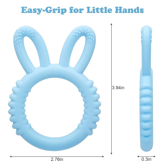 Silicone Babies Teethers Baby Teething Toys for Soothe Massage Sore Gums for 3-12 Months Infants, BPA Free, Easter Gifts for Boys and Girls, Ring Shape Rabbit Ear Design (Blue)