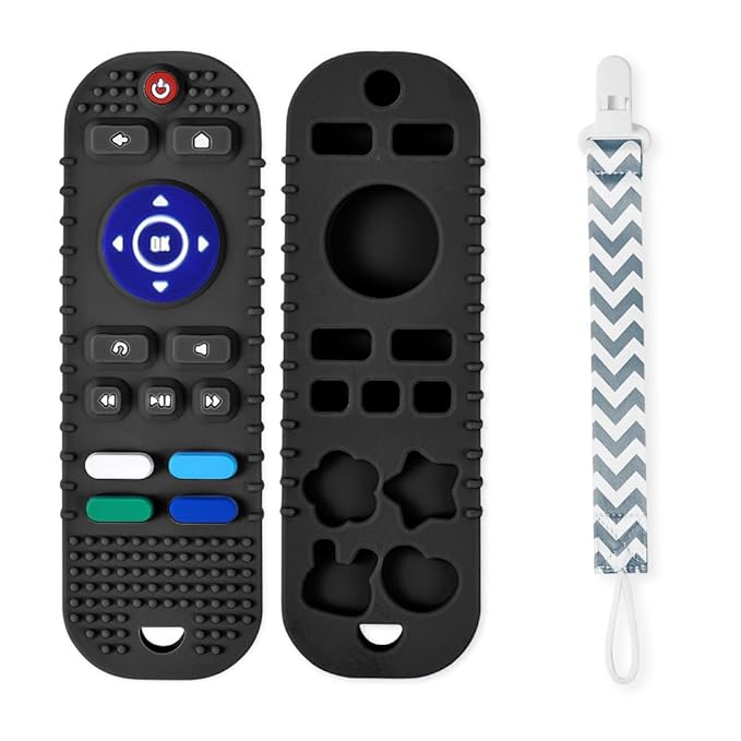 Silicone Baby Teething Toys, Remote Control Shape Teethers Toys with Teething Tubes and Pacifier Clip, Baby Teething Toys for 3 Months+, Remote Teething Toy BPA Free/Freezable/Dishwasher Safe(Black)