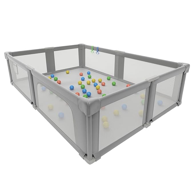 Baby Playpen, 73" x 61" Large Foldable Playpen with Mat for Babies and Toddlers, Play Pen with Soft Breathable Mesh, Ocean Balls and Pull Links, Baby Playard for Indoor & Outdoor, Gray