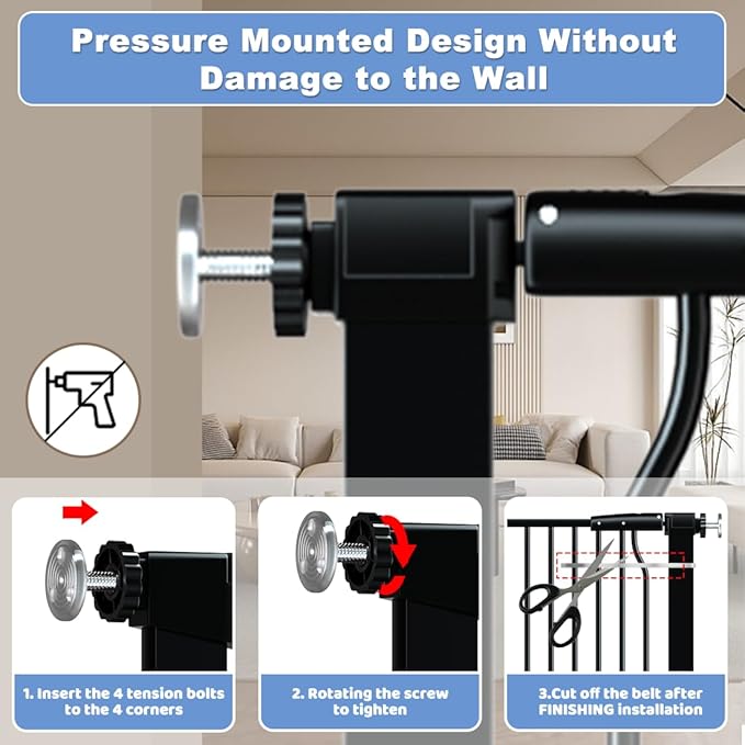 40.55" Extra Tall Baby Gate for Stairs-54.8"-60.2" Wide 1.37" Ultra Narrow Spacing Extra Wide Pet Cat Gate Dog Gate-Auto-Close Pressure Mounted Dog Door for Pets and Kids,Black