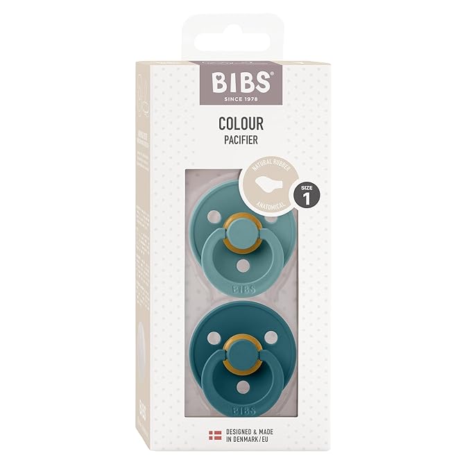 BIBS Pacifiers 0-6 Months | Colour Collection 2-Pack | BPA-Free Anatomical Natural Rubber Nipple | Made in Denmark | Island Sea/Forest Lake Color Pacifier
