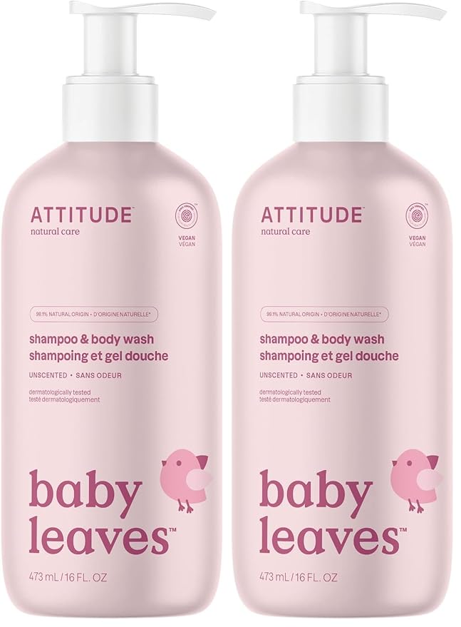 ATTITUDE 2-in-1 Shampoo & Body Wash for Baby, Fragrance-Free EWG Hypoallergenic Plant- & Mineral-Based Ingredients, Vegan and Cruelty-Free, Unscented, 16 Fl Oz, (Pack of 2)