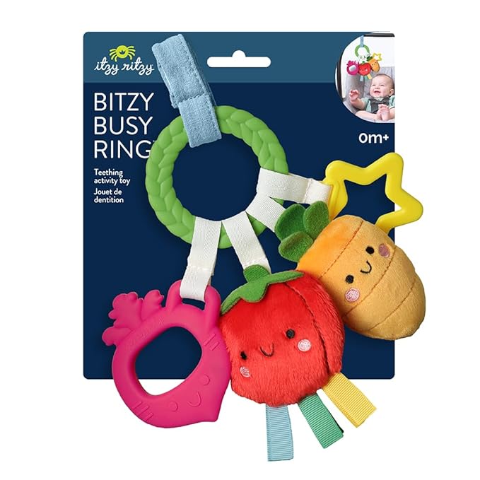 Itzy Ritzy Teething Activity Toy - Bitzy Busy Ring Infant Teething Toy Features Braided Ring & Dangling Toys, Includes Teether, Ribbons, Crinkle Sound & Jingle Bell - 0 Months & Up (Veggie)