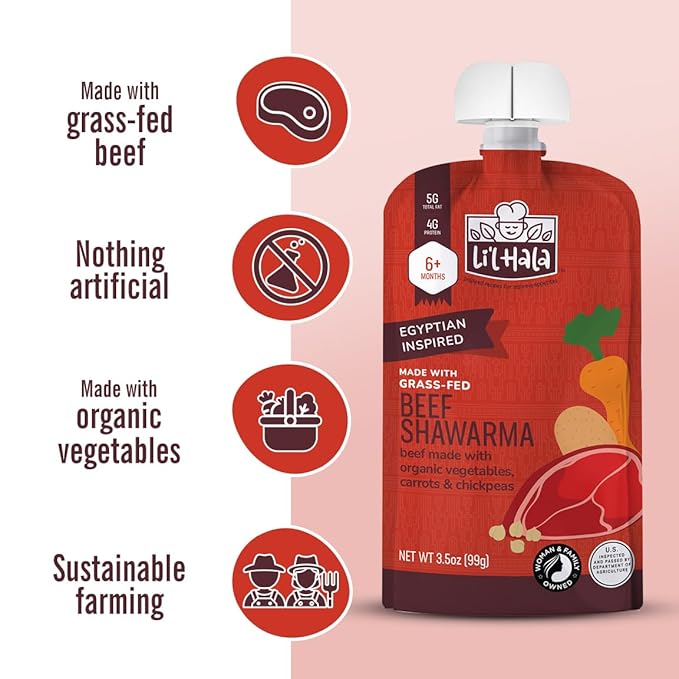 Li’l Hala Baby Food Pouches – 24 Total (2 Flavors) – Free-Range Chicken, Grass-Fed Beef & Organic Veggies – Protein & Healthy Fats – Toddler Meat Puree Meals for 6+ Months – No Hormones – 3.5 oz