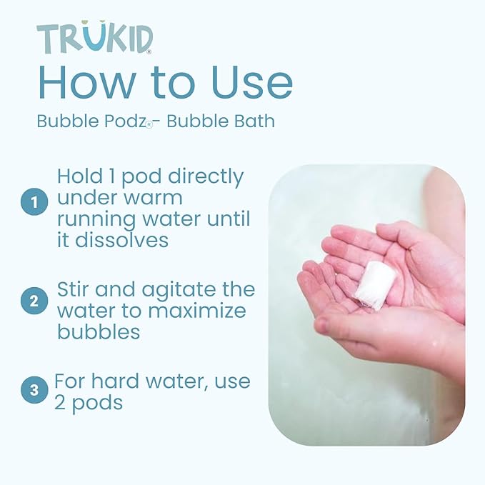 TruKid Bubble Podz Bubble Bath for Kids, Toddlers, & Babies, Tear Free Gentle & Refreshing Bath Bomb for Sensitive Skin with Natural Moisturizers, Non-Toxic, pH Balanced, Bubble Gum Scent (10 Podz)