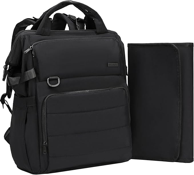 BELALIFE Baby Diaper Backpack Bag, Baby Essentials Travel Backpack for Moms Dads, with Changing Pad, Insulated Bottle Holders & Stroller Straps, Black