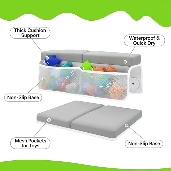 Bath Kneeler and Elbow Rest Pad Set for Baby Bathing – Thick Comfortable Foam Kneeling Pads with Non-Slip Base, Toy Organizer Pockets, Quick-Dry Foldable Bathtub Cushion for Parents & Toddlers (Grey)