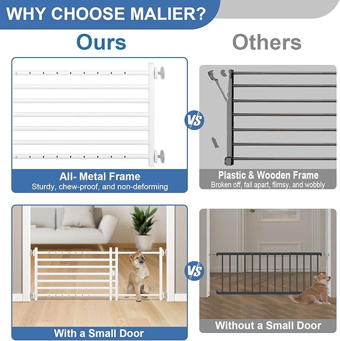 Malier Dog Gate with Door, 34-55" Extra Wide Full Metal Pet Gate Short Dog Gate for Stairs, Pressure Mount 20'' Tall Puppy Gate, Easy Step Over Low Gate for Doorways