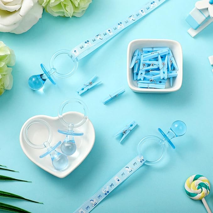 Tondiamo 48 Pieces Baby Pacifiers Party Favors with 24 Plastic Pacifiers and 24 Mini Clothes Pins Transparent Baby Showers Pacifiers Necklace Baby Girl Boy Pacifier Necklace for Party Favor(Blue)