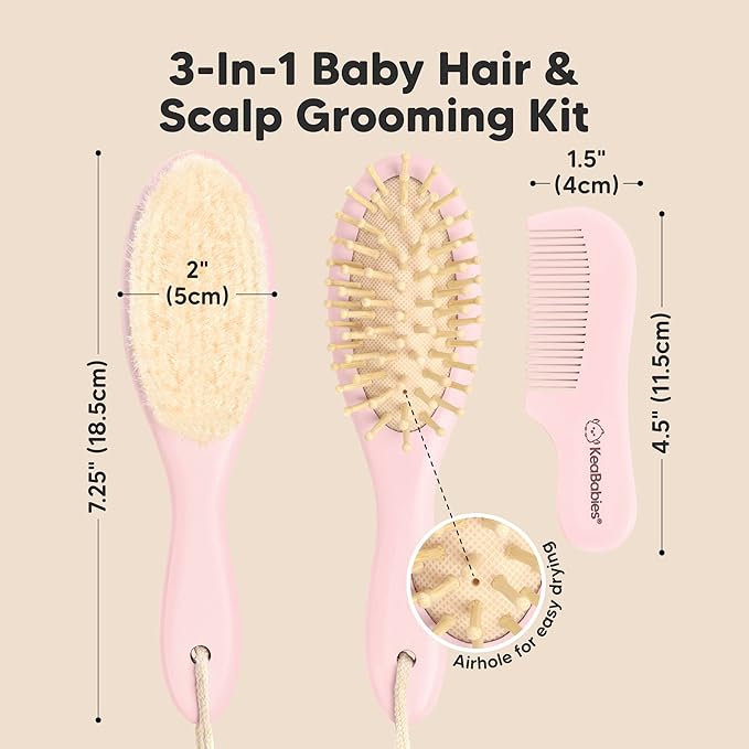 Baby Hair Brush Set for Newborns - Soft Goat Bristle Wooden Baby Brush and Comb Set Newborn Grooming Kit for Cradle Cap, Durable & Gentle, Boy, Girl Infant Essentials Care Kit (Oval, Blush)