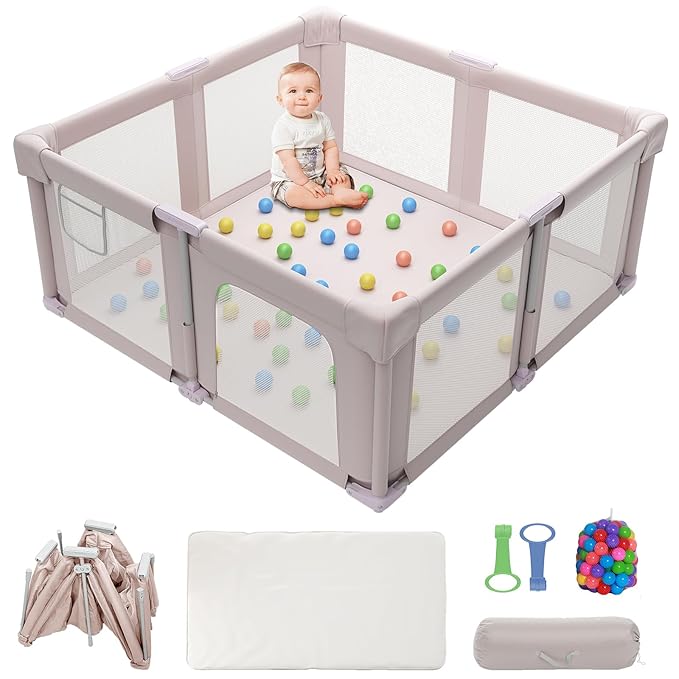 51" Foldable Baby Playpen with Mat, Playpen for Babies and Toddlers with Ocean Balls and Pull Links, Soft Breathable and Visible Mesh, Indoor and Outdoor Play Pen, Pink