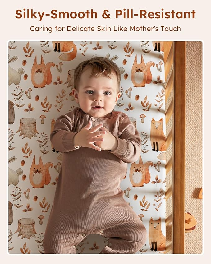 Baby Crib Sheets for Boys Girls, 28x52x8in Fitted Crib Sheet Neutral 3 Pack for Standard Crib and Toddler Mattress, Breathable Soft Microfiber Baby Sheet Green & Brown Fox