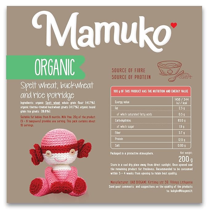 MAMUKO Organic Porridge - Healthy Porridge Blend of Spelt, Buckwheat & Rice - High Fiber Porridge with No Added Sugar, Milk & Preservatives - Organic Porridge Ideal for Toddlers - (200g & 10 Servings)