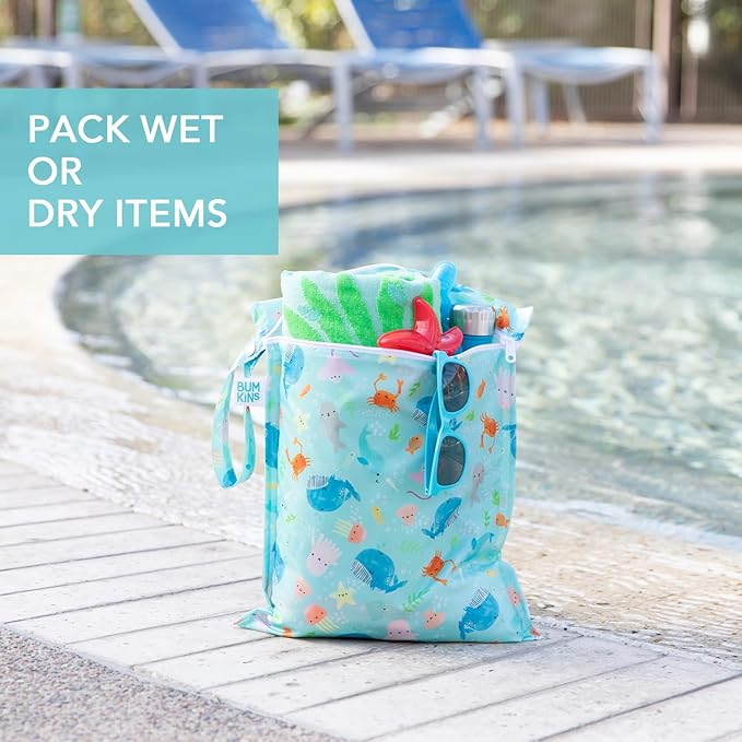 Bumkins Waterproof Wet Bag for Baby, Travel, Swim Suit, Cloth Diapers, Pump Parts, Pool, Beach, Gym Clothes, Toiletry, Hook to Stroller, Daycare, Zipper Reusable Wetdry Packing Pouch, Ocean Life Blue