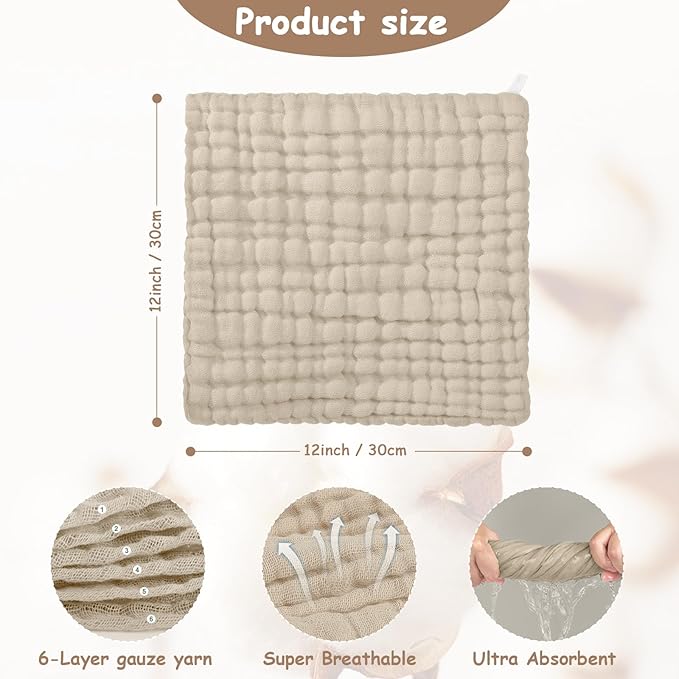 Looxii Muslin Baby Washcloths 6 Pack, 100% Cotton Baby Wash Cloths for Baby Face Body, 12x12 inches Large Soft Absorbent Face Towels for Newborns Multicolor