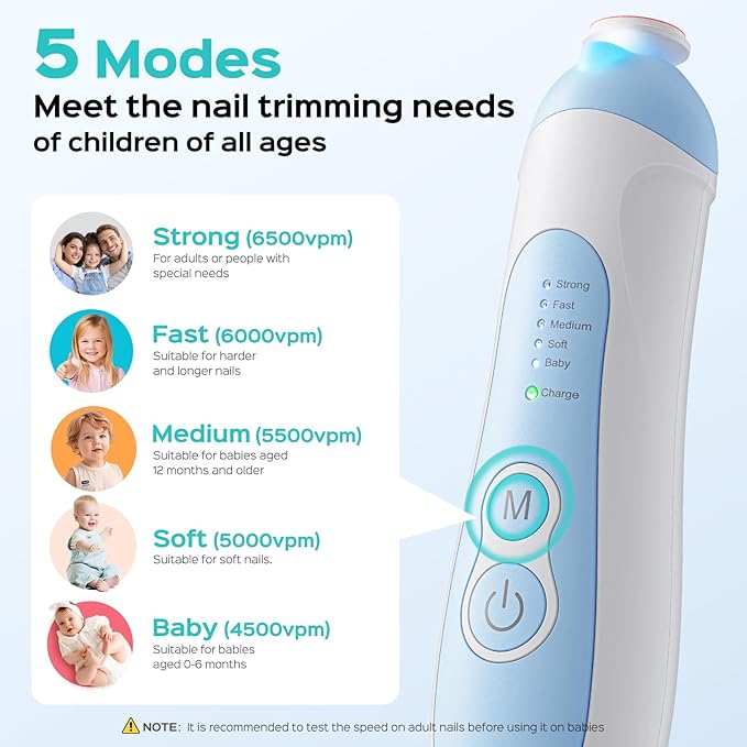 COSLUS C52 Rechargeable Baby Nail File: Cordless Baby Nail Trimmer Electric, Baby Nail Clipper with 5 Speeds & 6 Grinding Heads for Baby Kid, CPC Certified & Quiet Design - Safe for Sleep Trim, Blue