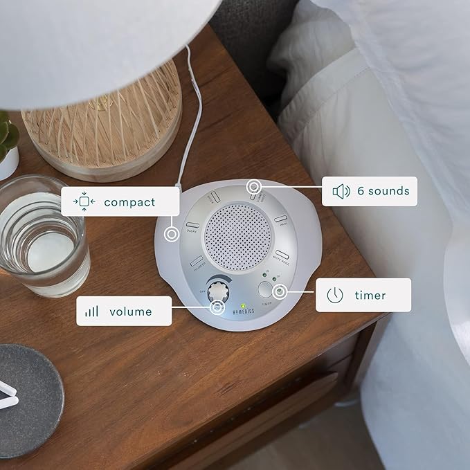 Homedics SoundSleep White Noise Machine, Silver, Small Travel Device with 6 Relaxing Nature Sounds, Portable Therapy for Home, Office, Nursery, Auto-Off Timer