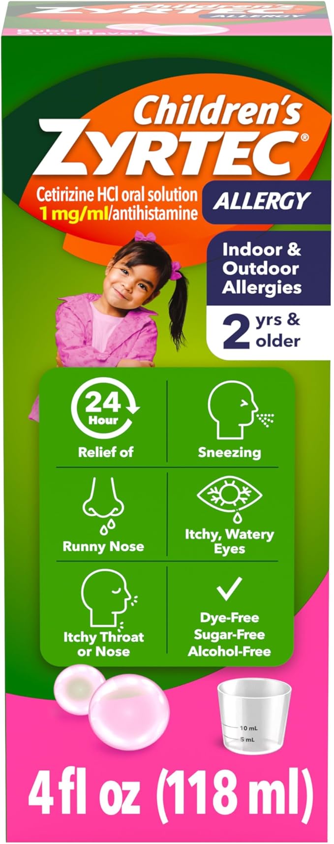 Children's Zyrtec 24 Hour Allergy Relief Syrup, Cetirizine Hydrochloride Antihistamine, Allergy Medicine for Indoor & Outdoor Allergy Relief, Dye- & Sugar-Free, Bubble Gum, 4 fl. oz