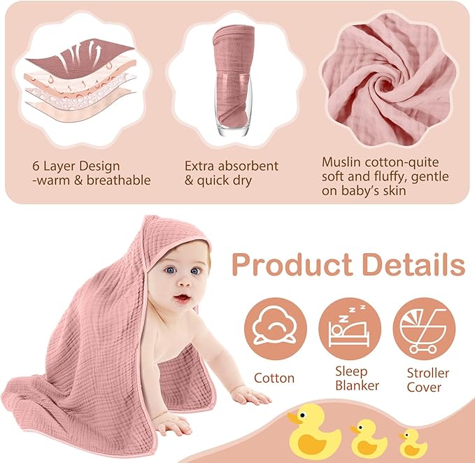 Peryiter 6 Pcs Muslin Hooded Baby Towels 32x32inch Cotton Newborn Bath Essentials Muslin Infant Blankets Absorbent Registry Baby Shower Present for Babies Girl Boy Kids (Purple Series)