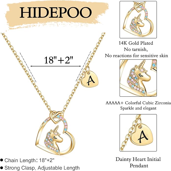 Hidepoo Valentines Gifts for Kids Girls - Unicorn Necklace Gifts for Teen Girls Kid, Colorful CZ Heart Pendant Initial Unicorn Necklaces for Girl Jewelry Birthday Gift for Girl Kid