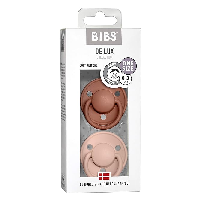 BIBS De Lux Baby Pacifier 2-Pack | Made in Denmark | BPA Free Dummy Soother, Round Nipple. Silicone, OneSize (0-36 Months), Woodchuck/Blush