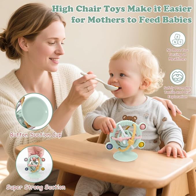 TYRY.HU Silicone Baby Teething Toys for Babies 0-6 6-12 Months, Multi Purpose High Chair Toys, Baby Suction Table Toys, Teething Relief Chew Toy, Sensory Rattle Toy with Textures for Infants, Green