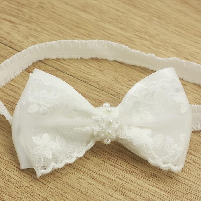 White Baby Bow Headband for Baptism Christening Satin Lace Hair Band with Cross for Toddler (Embroidery Lace +pearl white bow-3, 0-6 months)