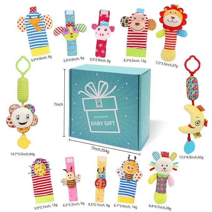 Bloobloomax Wrist and Foot Rattles - Hanging and Hand Bracelet Rattles, Ankle Socks for Newborns and Infants (12pcs)