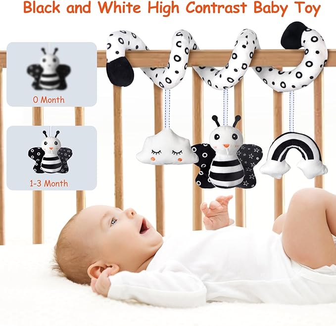 SAMMAS Car Seat Toys, Infant Baby Spiral Activity Hanging Toys Stroller Toys for Car Seat Stroller Bar Crib Bassinet Mobile with BB Squeaker and Rattles (Bee)
