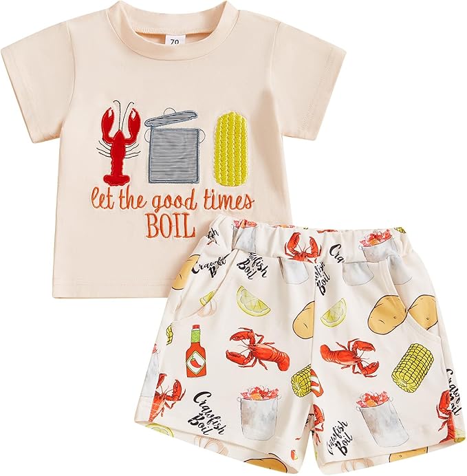 fhutpw Toddler Baby Boy Summer Clothes Tractor Letter Short Sleeve T-Shirt Tops Pockets Casual Shorts Set Infant Outfits