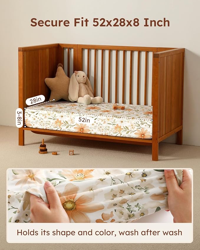 Baby Crib Sheets for Boys Girls, 28x52x8in Fitted Crib Sheet Neutral 3 Pack for Standard Crib and Toddler Mattress, Breathable Soft Microfiber Baby Sheet Orange Flowers & Plaid