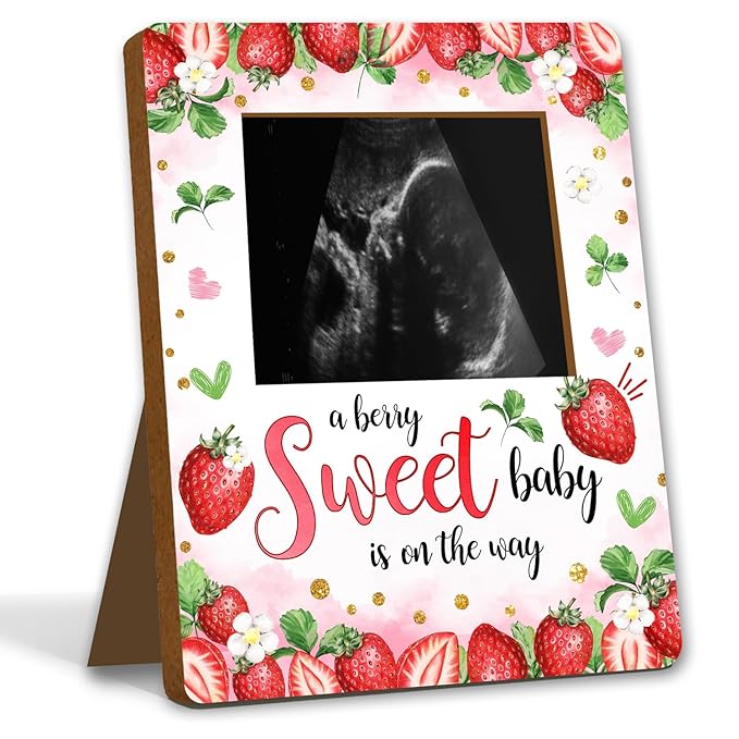 ALodr Strawberry Baby Shower Decorations, Baby Shower Sign Picture Frame, Berry Sweet Party Decor for Gender Reveal, Pregnancy Milestone Keepsake, Pregnancy Announcement Sonogram Photo Frames