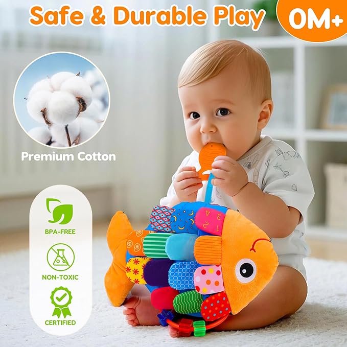 Baby Sensory Tummy Time Toys 0-6 Months Music Fish Toy for Infant 3 4 5 6 Month High Contrast Newborn Toy with Mirror Crinkle Rattle for 3-6 6-12 Month Baby Boy Girl Shower Gift Easter Basket Stuffers