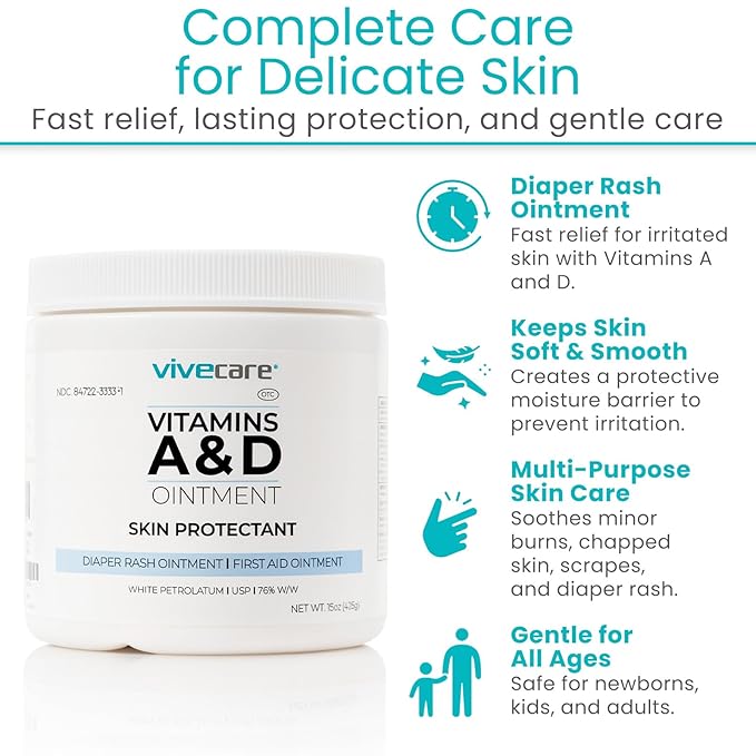 ViveCare A&D Ointment - Skin Protectant & Healing Lotion for Baby, Adult, Seniors - Soothing Cream for Diaper Rash Prevention, Skin Irritation, Burns, Cuts, Scrapes (15oz)