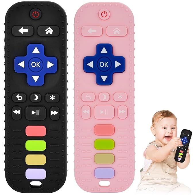 2 Pack Teether Toy for Babies Over 3 Months, TV Remote Control Shape Silicone Teething Toys for Infants 6-12 Months, Boys Girls Baby Teething Toys, Babies Chew Toys, Freezer BPA Free
