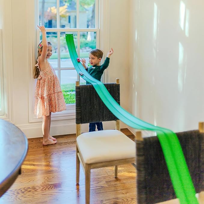 FlexTrack 5000 Flexible Race Car Track for Kids Toy with Suction Cups Compatible with Hot Wheels and Diecast 1/64th Cars and More 15 Feet Long Rolls Up Portable Racetrack (Electric Green)