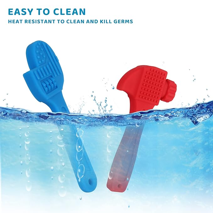 Fu Store 2 Pack Soft Silicone Teething Toys for Toddlers Hammer Spanner Tools Shape Baby Teethers Relief Soothe Babies Gums Set