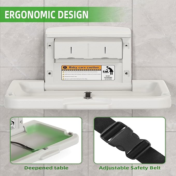 BELZAR Commercial Wall Mounted Baby Changing Station – ADA Compliant, Fold Down Heavy Duty Horizontal Diaper Changing Table with Safety Strap & Paper Liner Holder, For Public Restrooms/Hotels/Airports