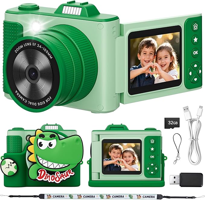 Kids Camera, Christmas Birthday Gifts for Boys Girls Age 3-12,Upgrade HD Flip Digital Video Cameras for Kids, Portable Toys for 3 4 5 6 7 8 9 10 Year Old Childrens with 32GB SD Card-Green