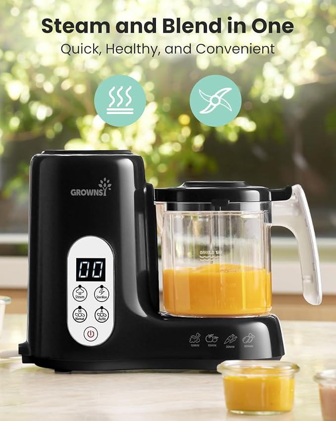 Grownsy Baby Food Maker with Steam Basket, One Step Baby Food Processor Steamer Puree Blender Grinder Mills Machine, Auto Cooking Grinding and Sterili-zing for Healthy Homemade Baby Food, Blcak