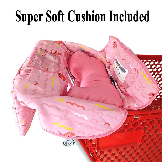 Love&go Soft Pillow Attached 2-in-1 Shopping Cart and High Chair Cover for Baby, Cotton Padded Cart Cover, Fold'n Roll Style, Portable with Carry Bag (Pink Fish)